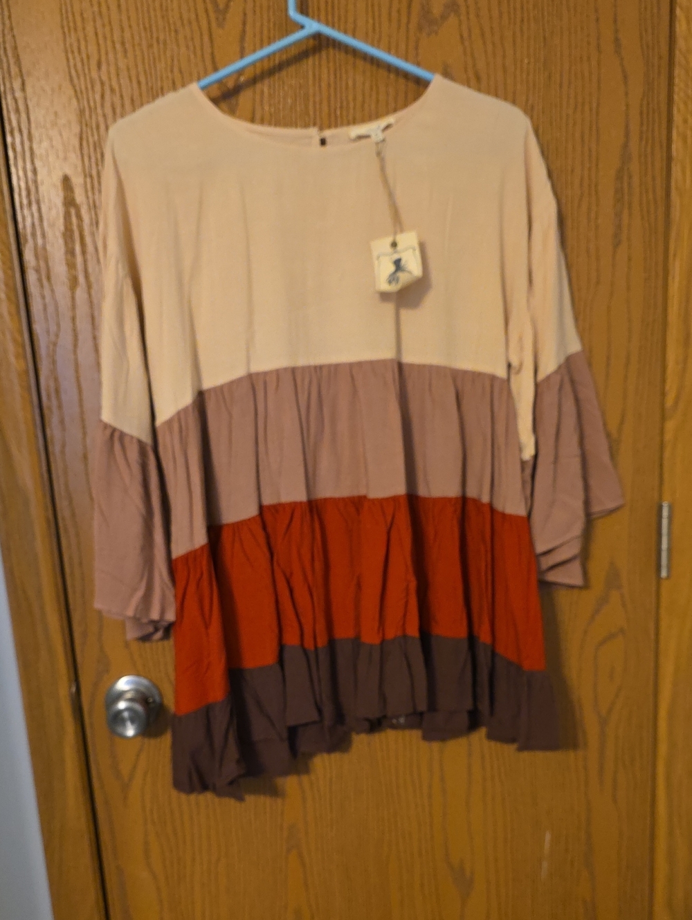 Womens Colorblock Tiered Tunic Top - Beige Pink Rust Brown Ptp22, L 26